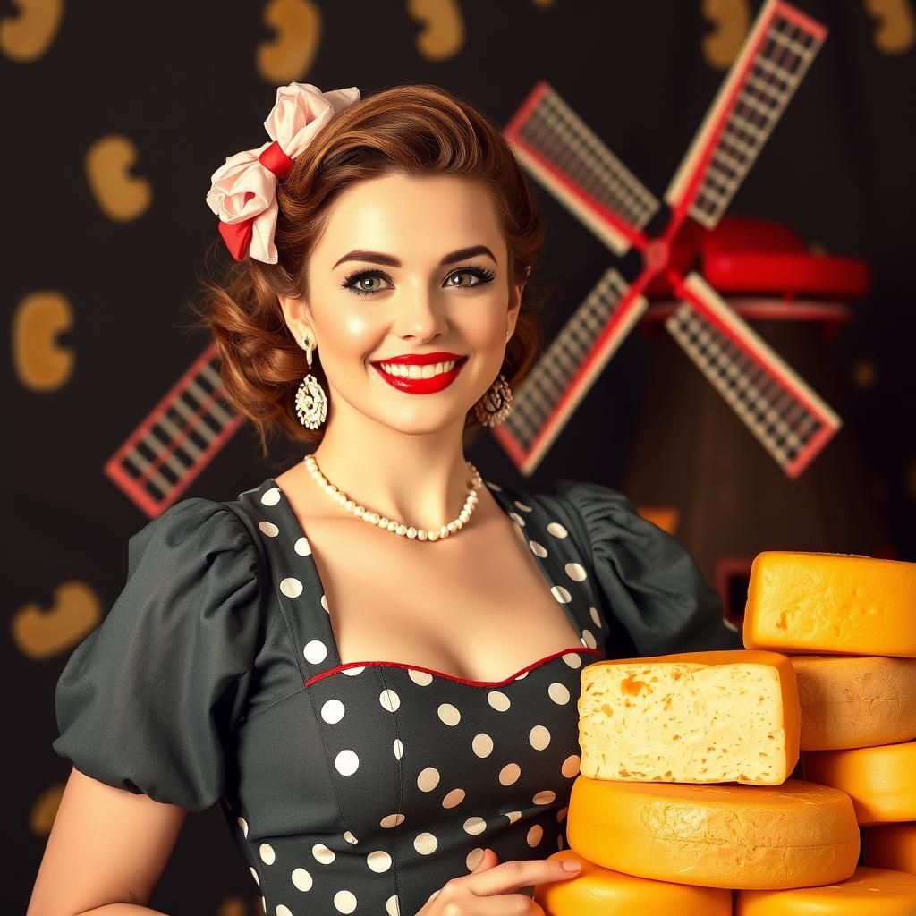 Dutch Pin-Up Girl with Windmill and Cheese