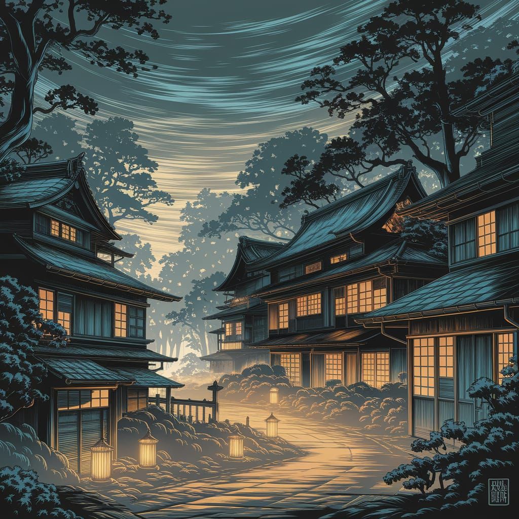 Eerie Yokai Forest at Night in Retro Anime Style