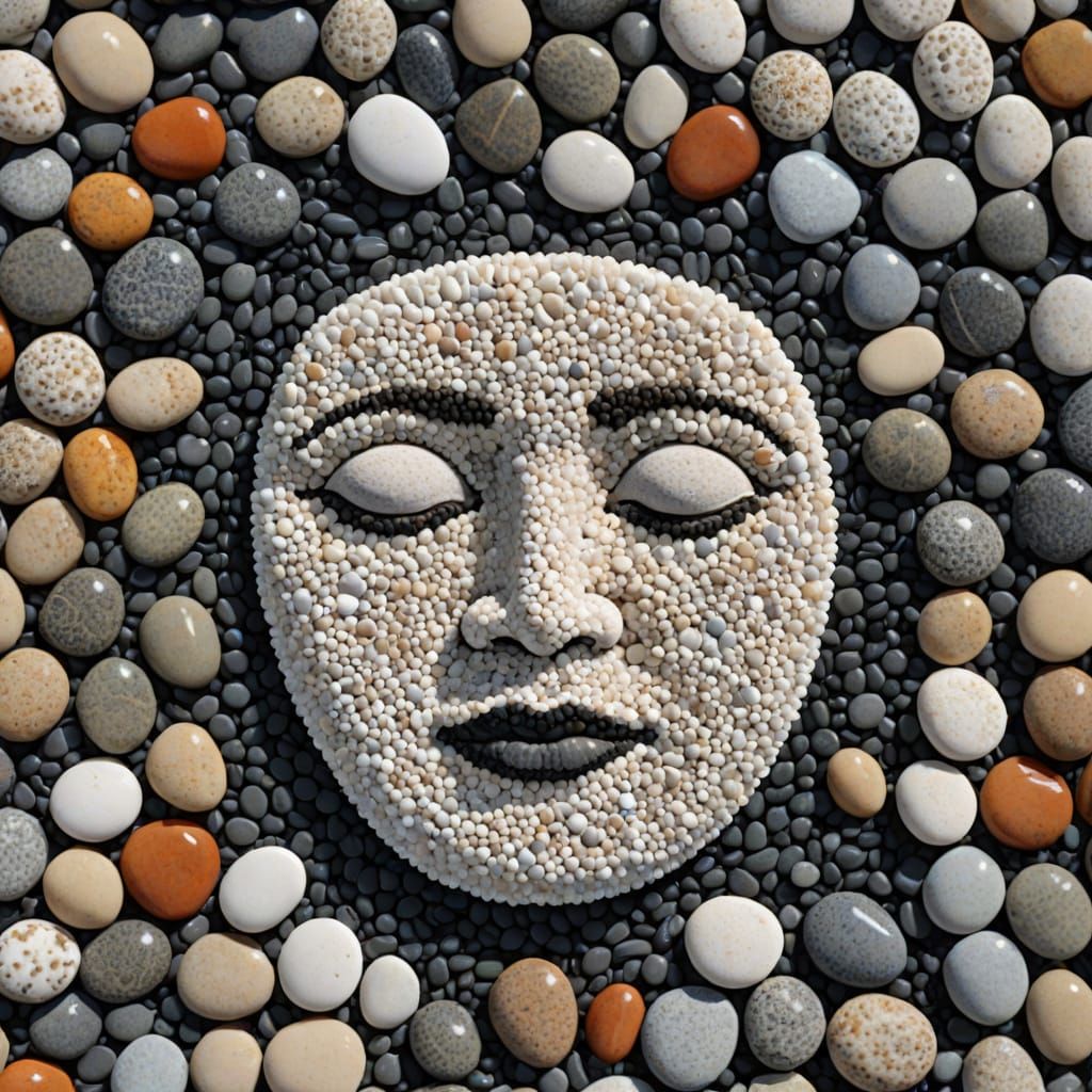 A beach, the sea washing the pebbles into the shape of a face