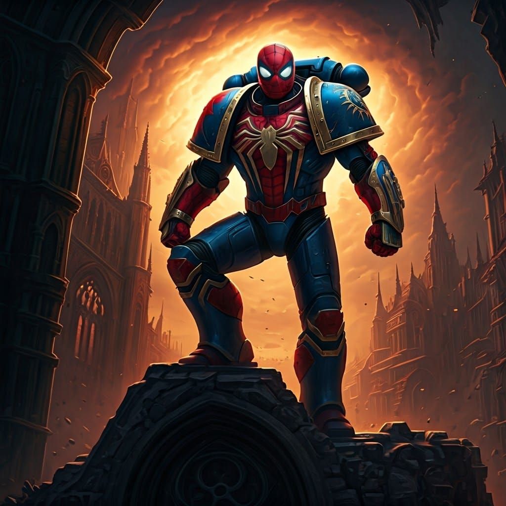 Space Marine Spider-Man on Gothic Ruin as Matte Painting
