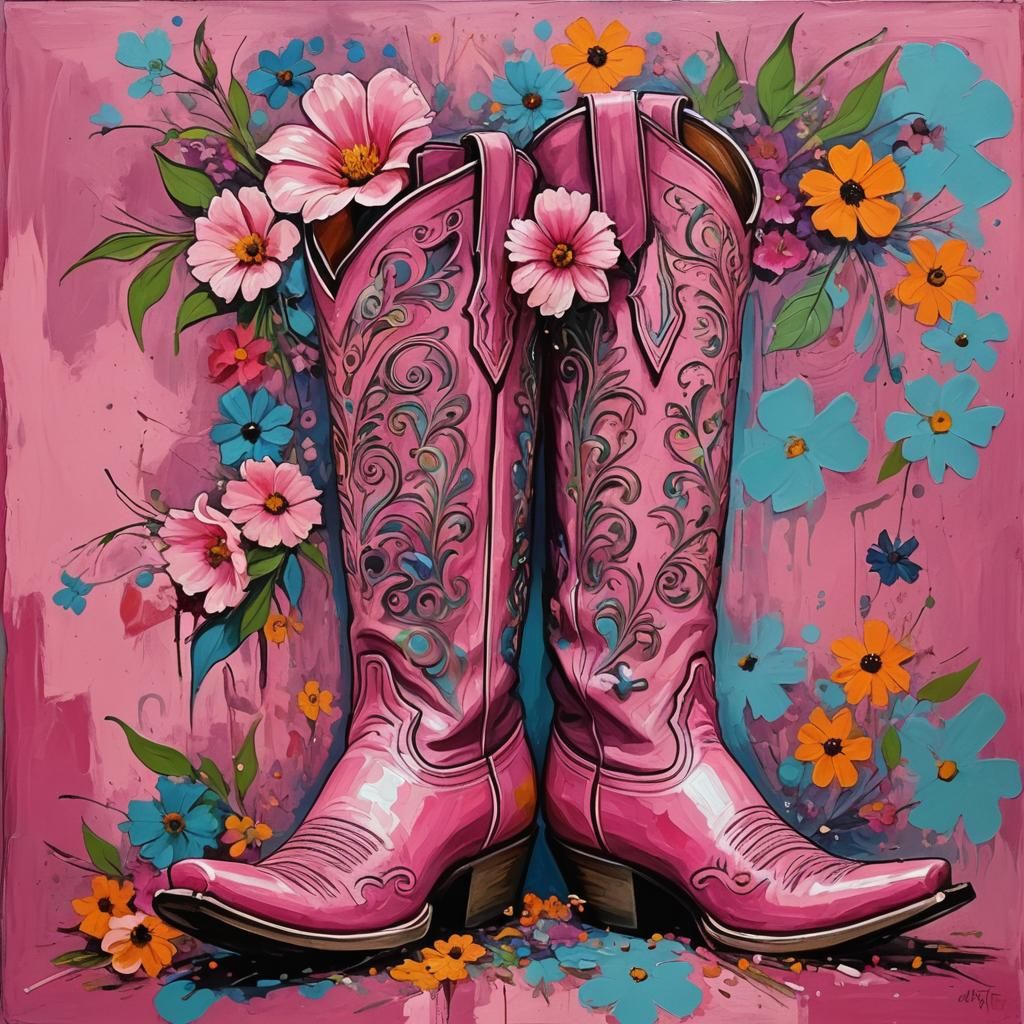 Pink Cowboy Boots with Flowers in Abstract Art