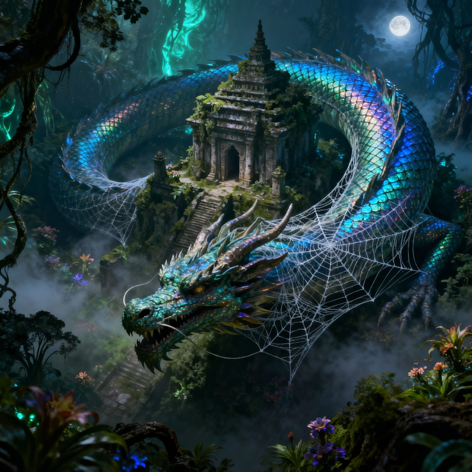 Ancient Dragon of Spider Silk Guards Bioluminescent Temple