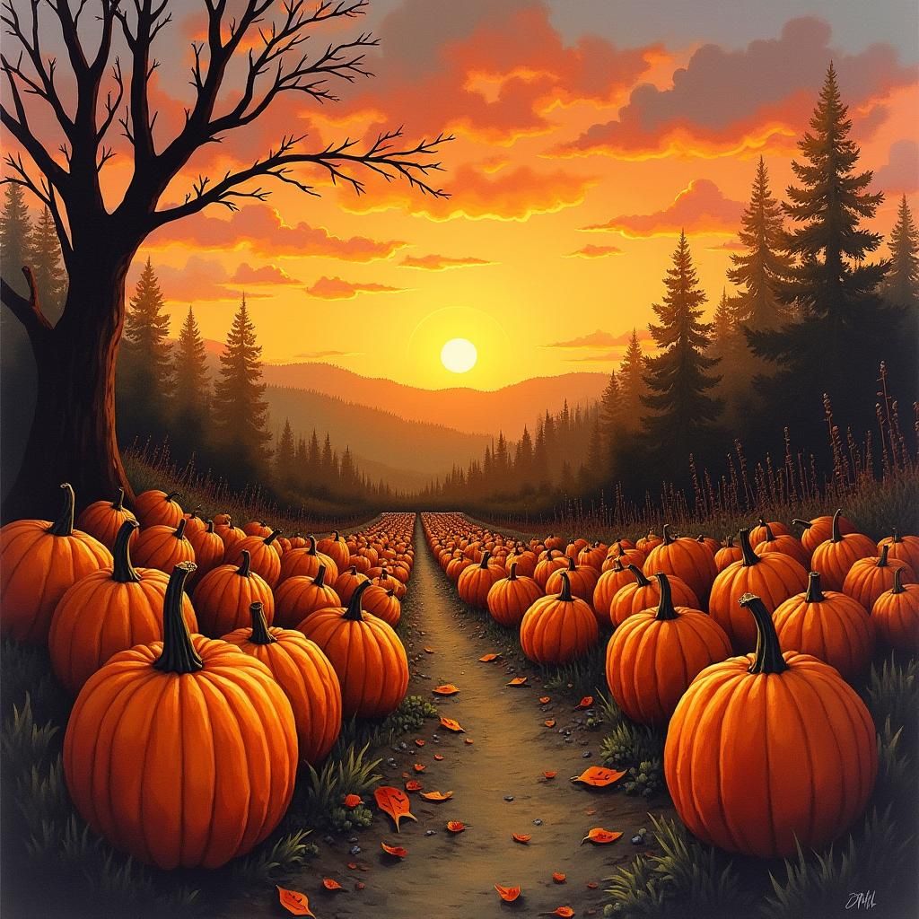 Haunted Pumpkin Patch at Sunset in Watercolor