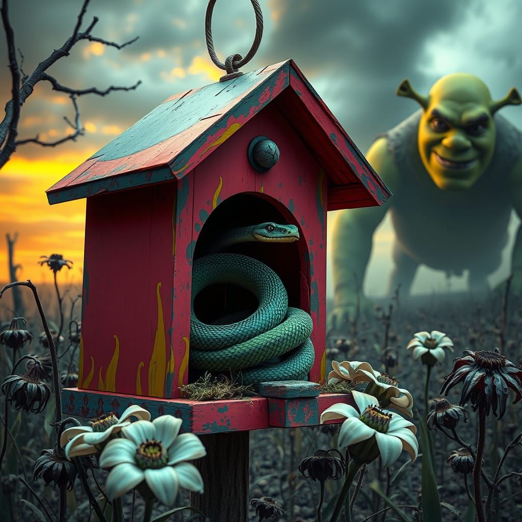 Surreal Birdhouse: Snake, Doomsday, and Bright Colors