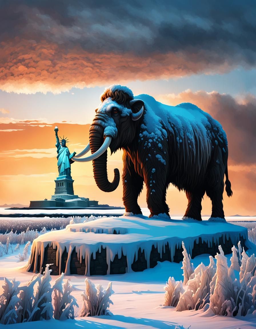 Surreal Post-Apocalyptic Landscape: Woolly Mammoth and Statu...