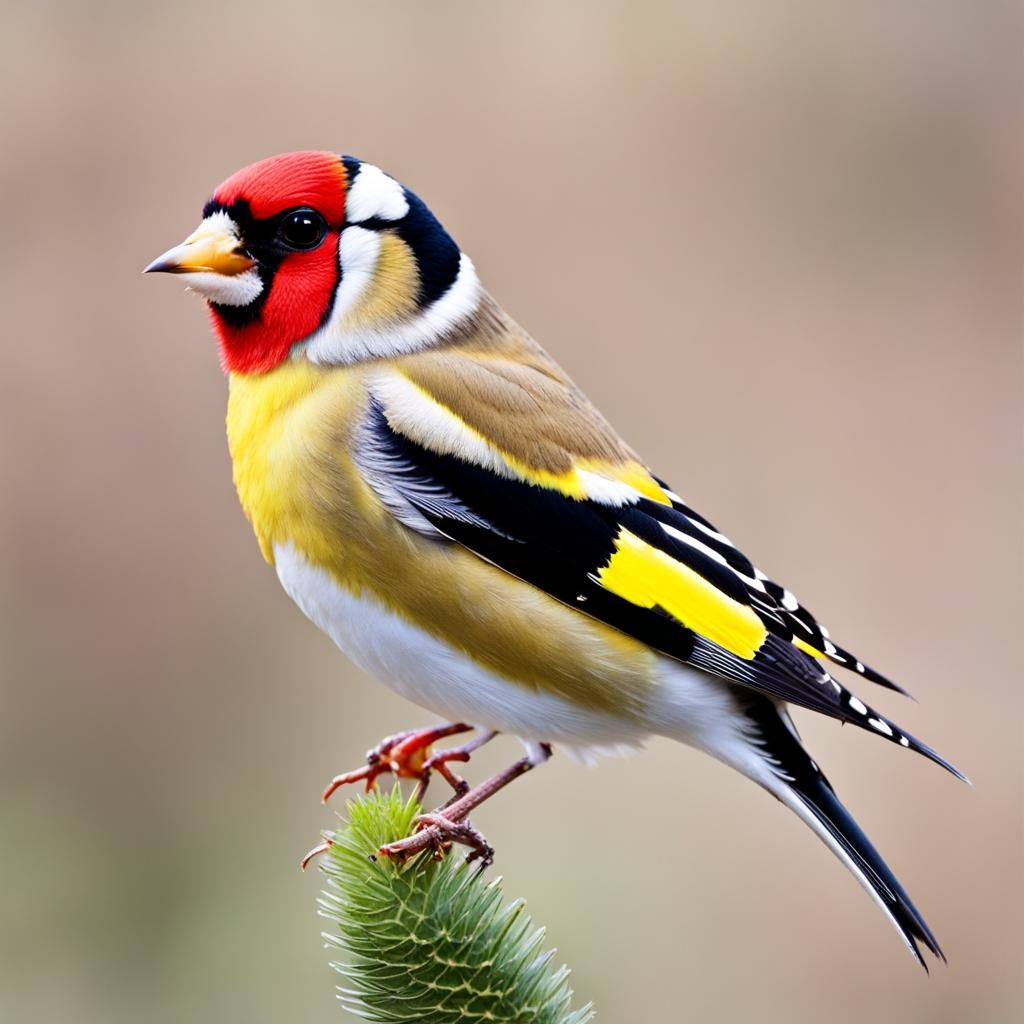 Colorful Goldfinch with Red Face and Yellow Wings