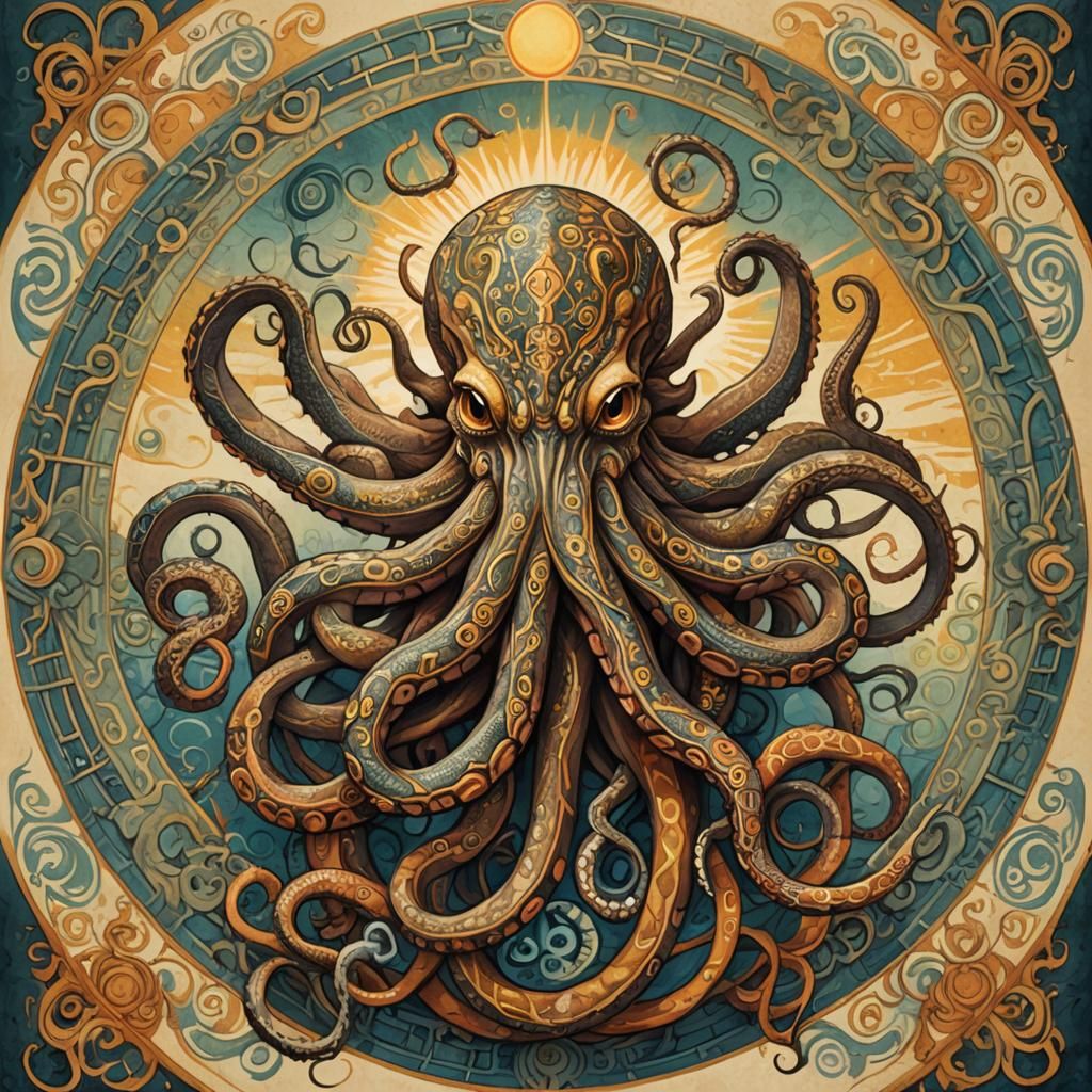 Mythical Creature with Sun, Abstract Art