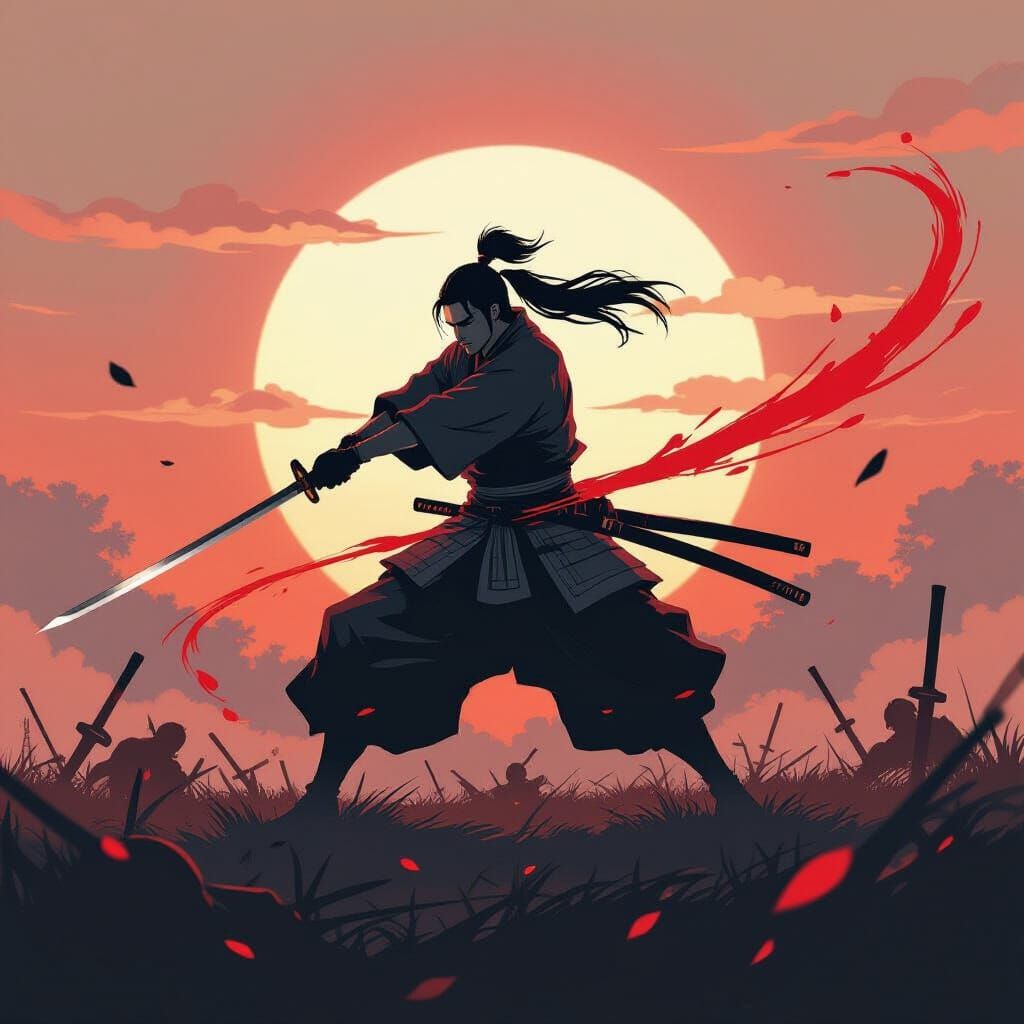 Anime Samurai's Crimson Energy Sword Strike at Sunset