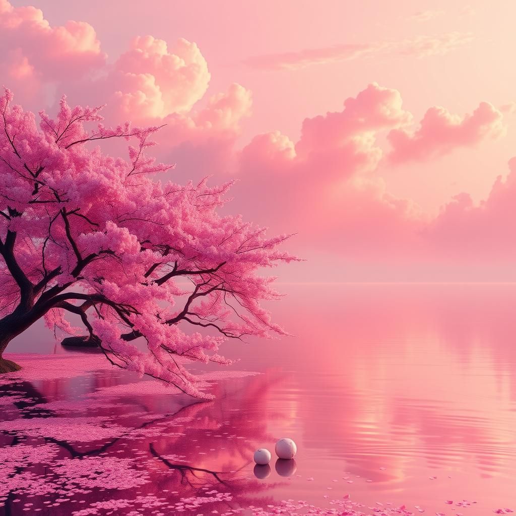 Dreamy Pink Lake Landscape with Cherry Blossoms