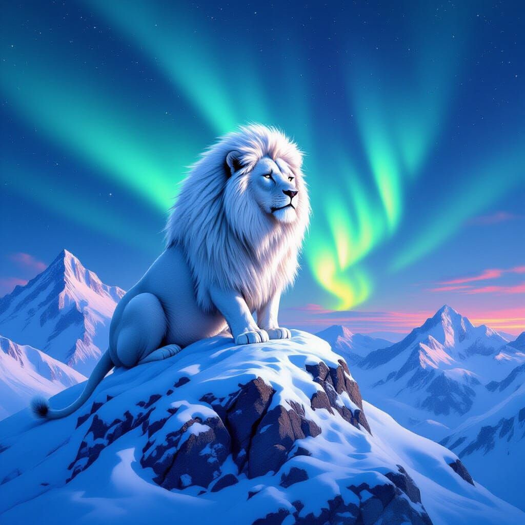 White Lion and Aurora Borealis in Romantic Style