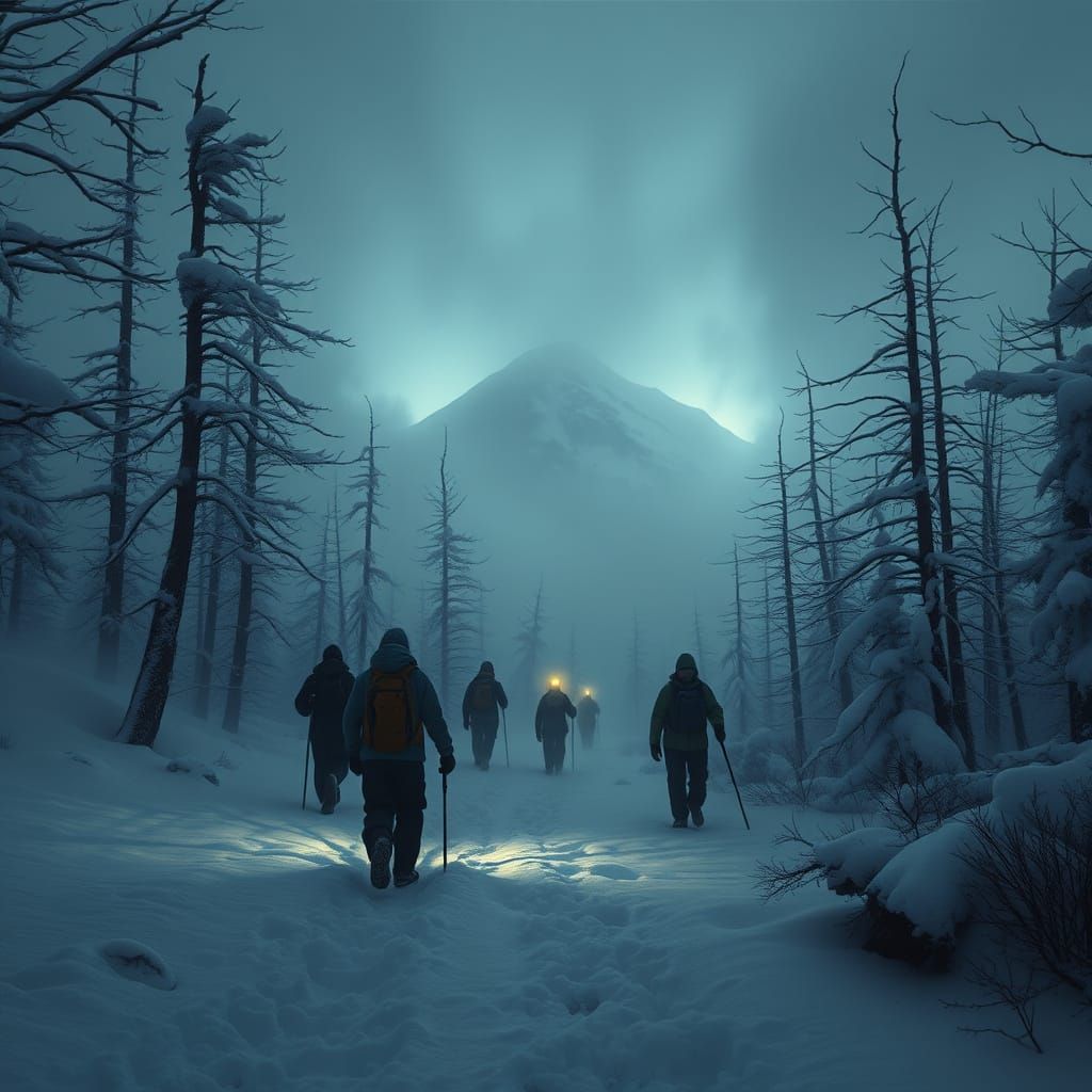 Eerie Hikers in Mist-Shrouded Ural Mountains