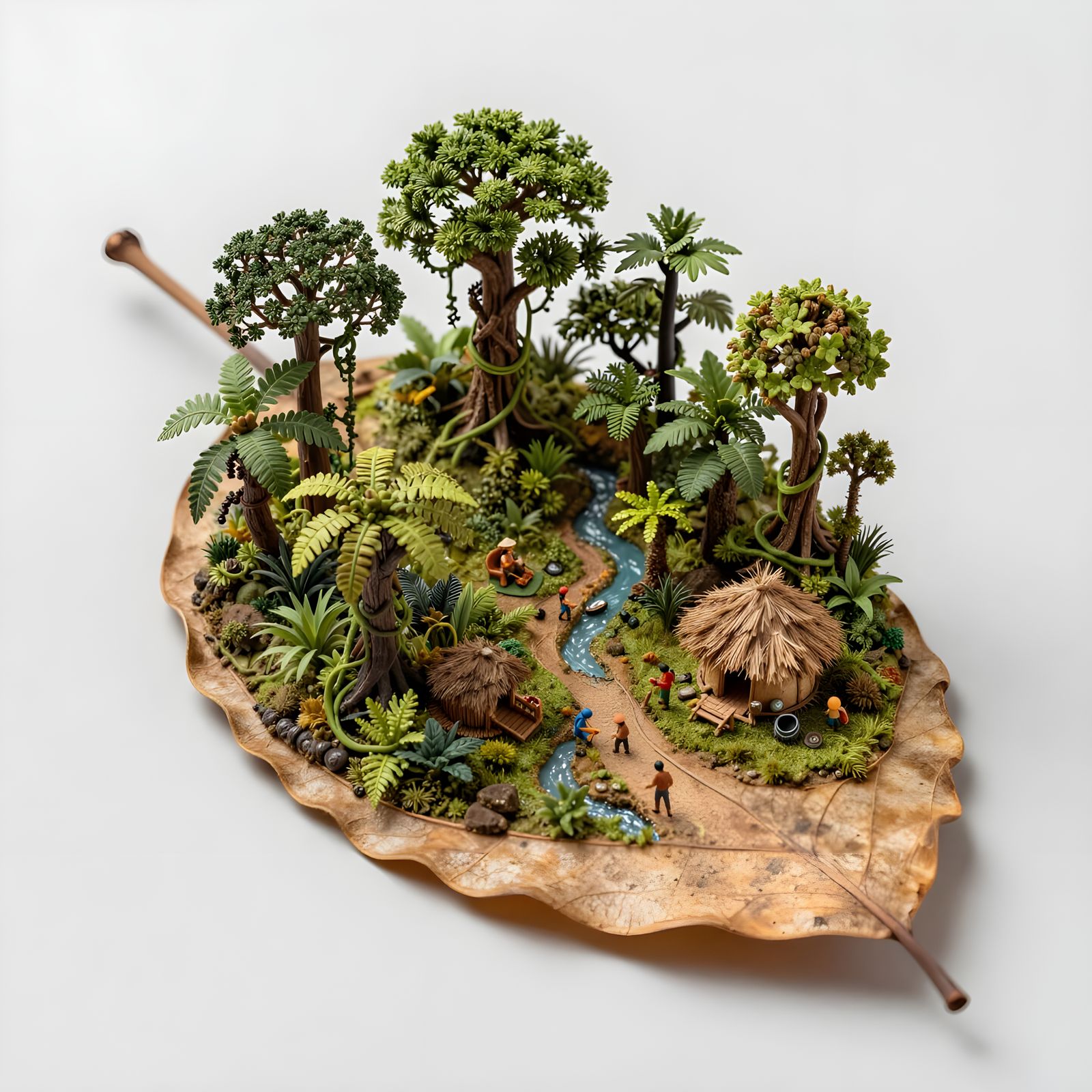 Ultra-realistic macro photography of a miniature world. A tiny dry leaf placed on a clean, single-color background. On t...