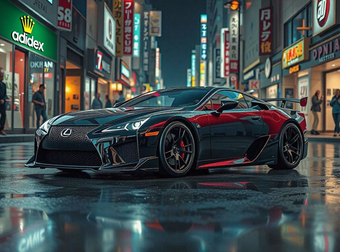 Slammed Lexus LFA in Neon-Lit Japanese Streets