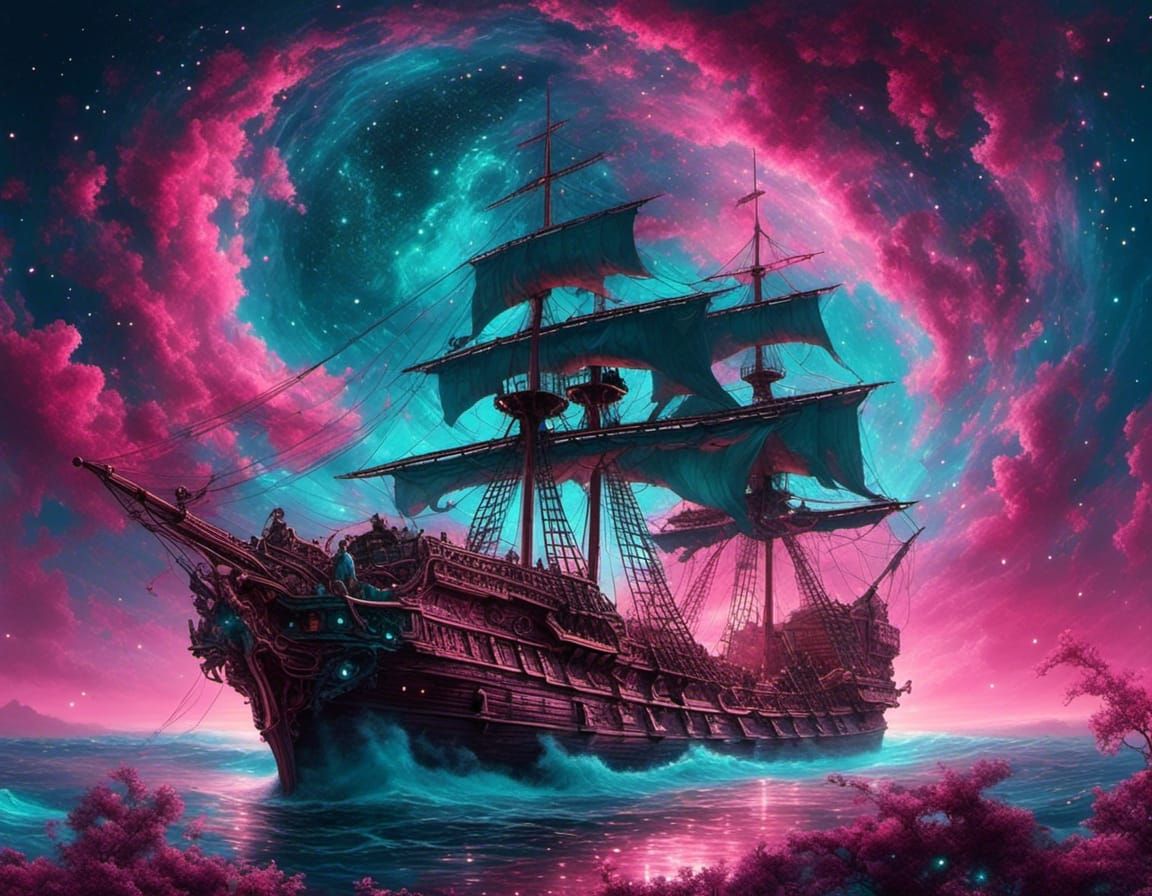 Pirate Ship Sails Bioluminescent Galaxy Sea