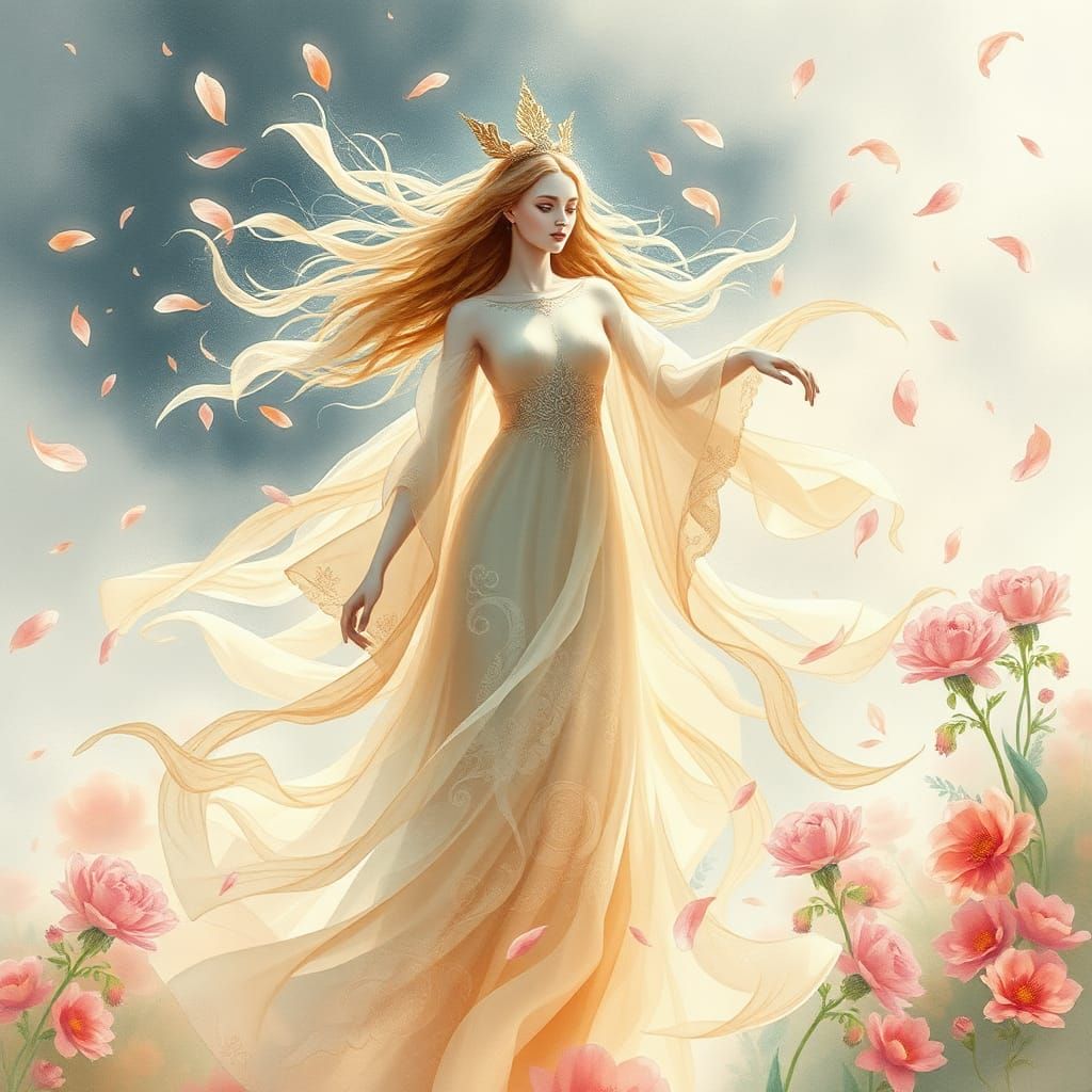 Ethereal Wind Goddess in Watercolour Dreamscape