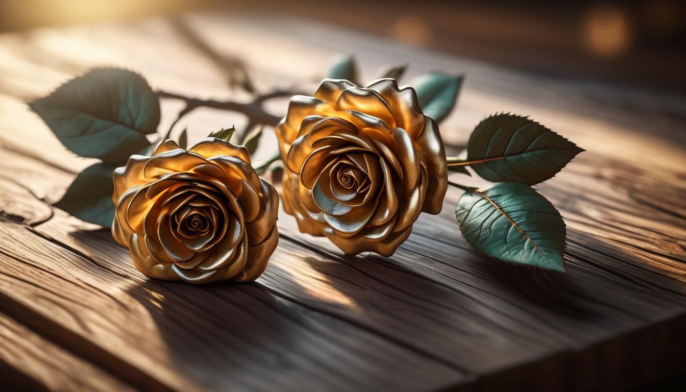 a close up of two intricately detailed wooden rose flowers m...