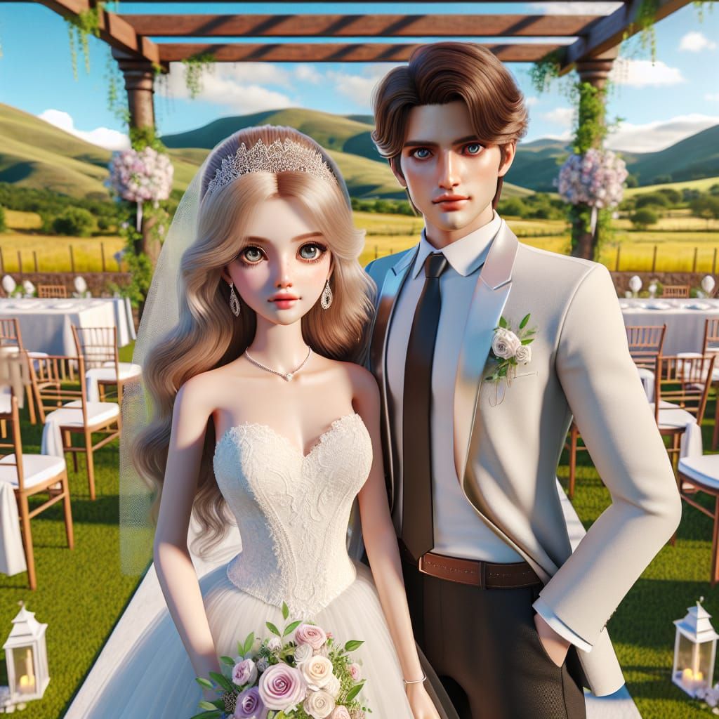Disney Pixar style 3D doll-like beautiful bride and handsome groom, wedding venue a stunning setting in the rolling hill...
