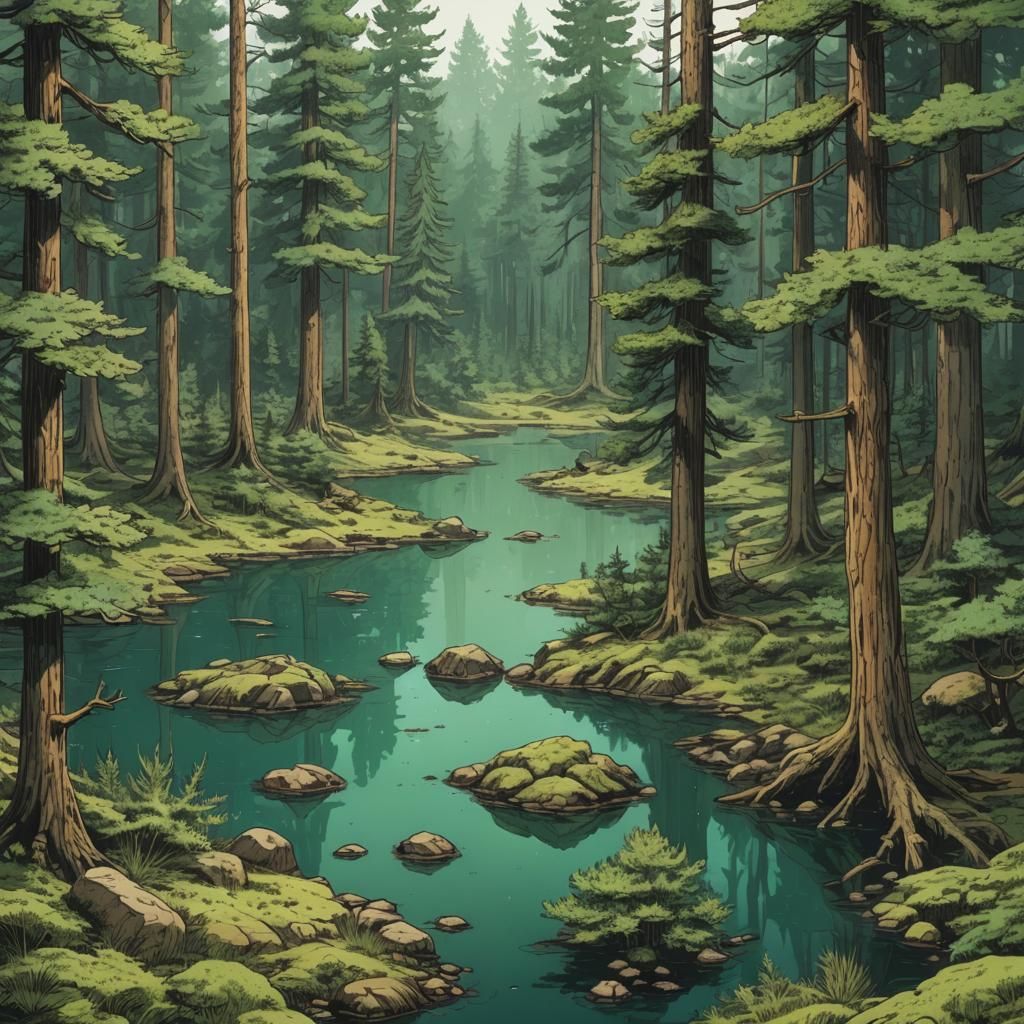Pine Forest and Green Pond in D&D Style