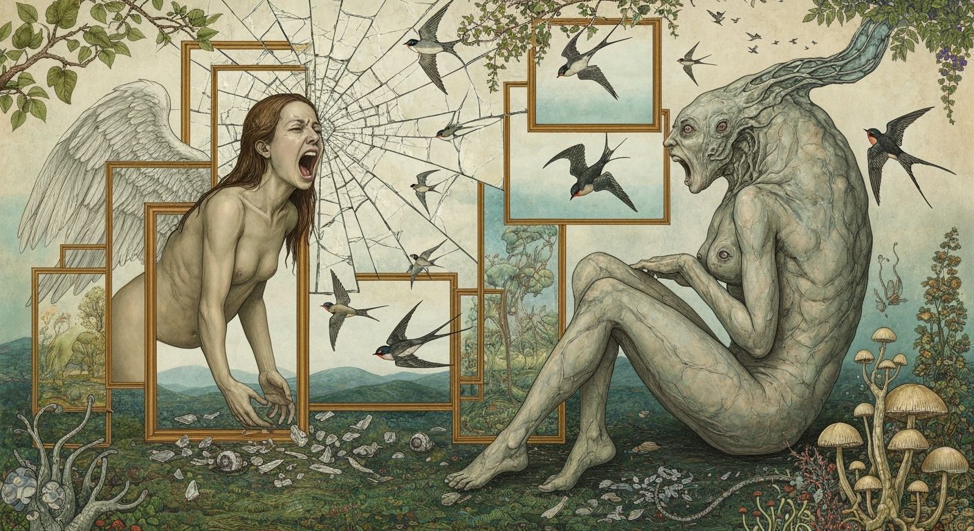 Angel Screaming Amidst Shattered Mirrors and Cosmic Realms