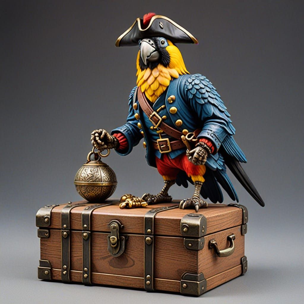 1700s Pirate with Parrot and Treasure Chest