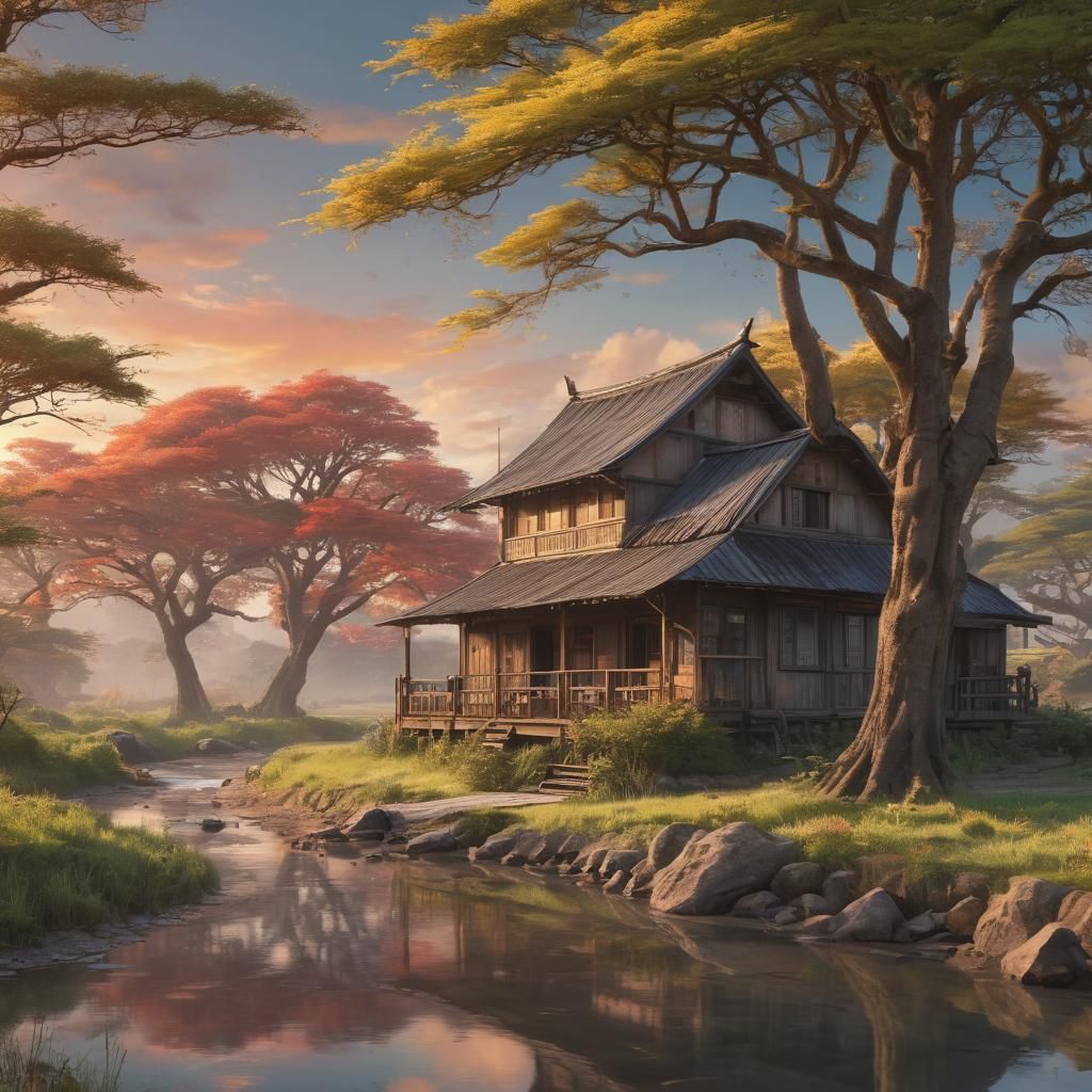 Farmhouse Beside Creek at Sunrise in Dieselpunk Style