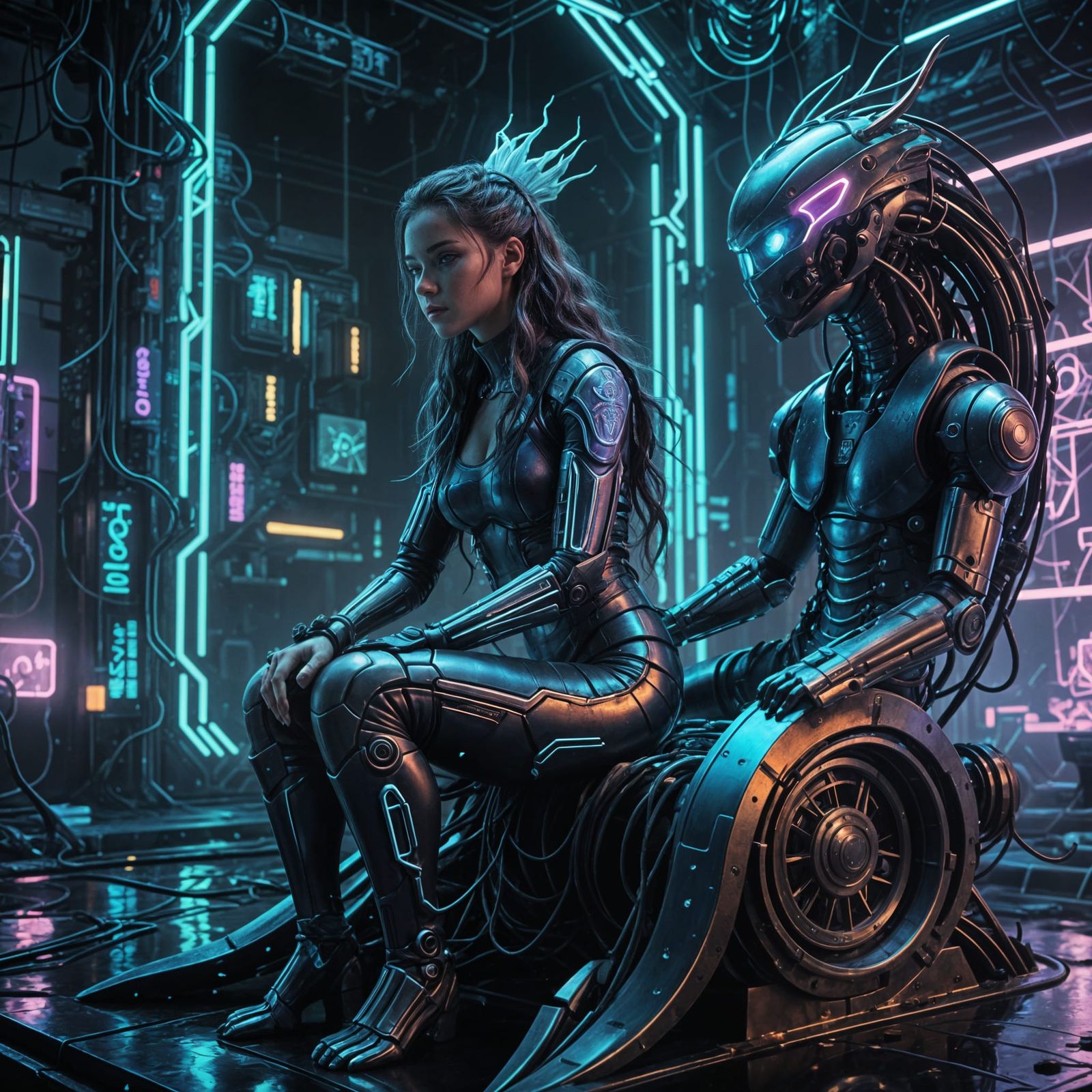 Cyberpunk Siren Emerging from Neon Depths