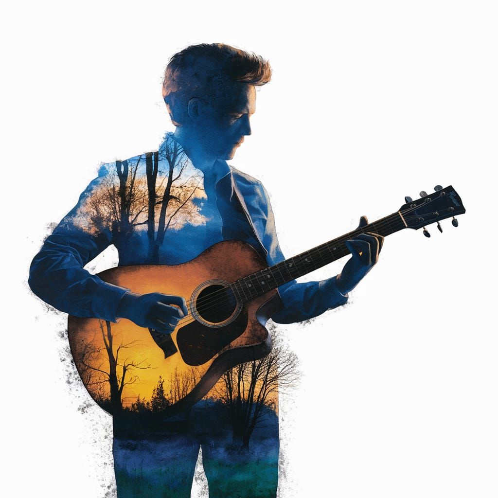 Guitarist's Seasonal Silhouette: Watercolor Double Exposure