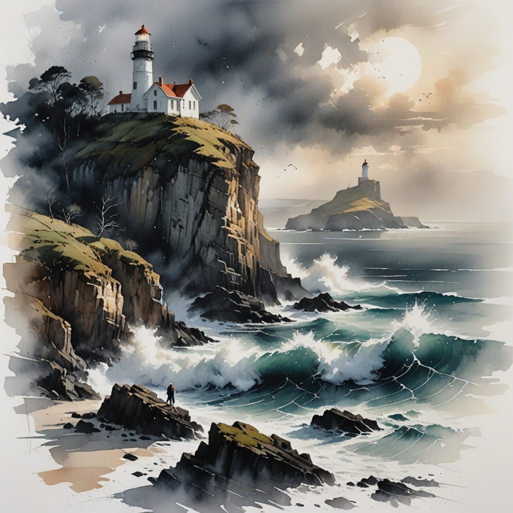 Solitary Lighthouse on Rugged Cliff in Stormy Seas