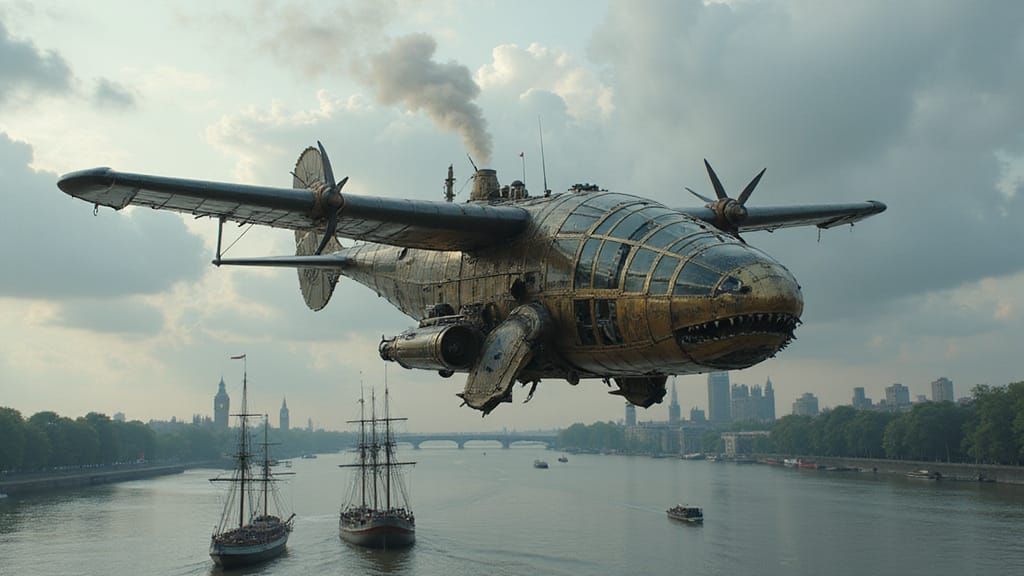 Steampunk Shark Aircraft Soars Over Victorian London