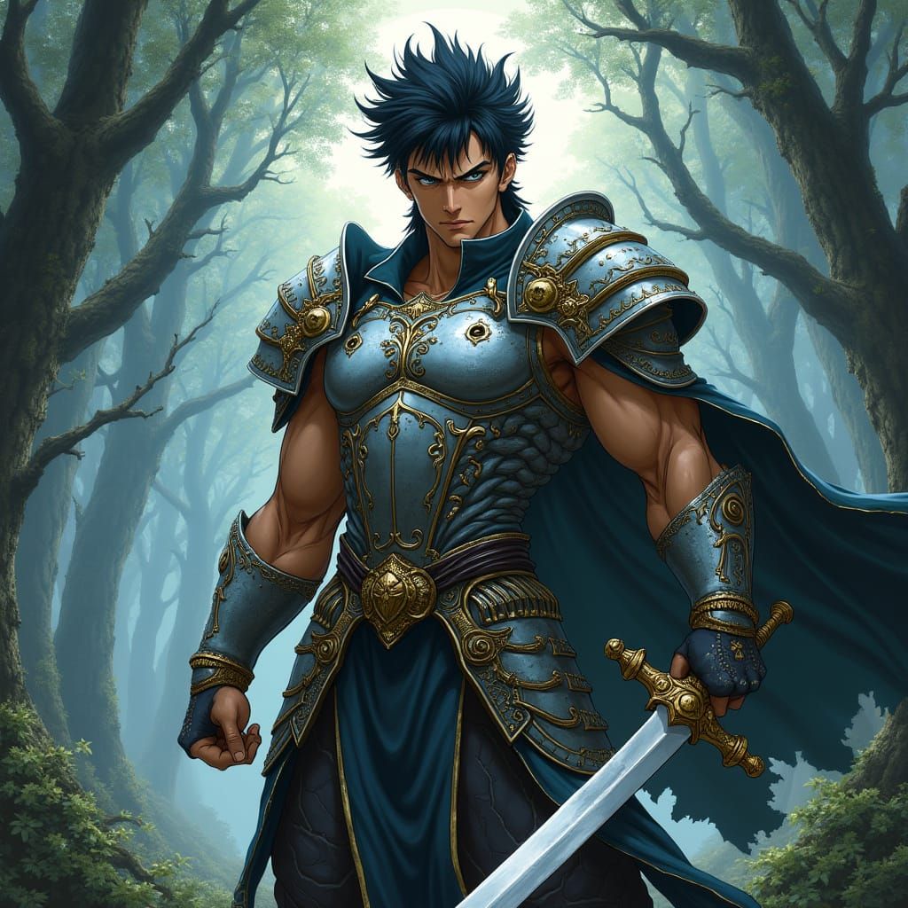 Mystical Warrior in Metallic Armor Posing Heroically in a Mi...