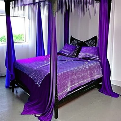 Ethereal purple gothic canopy bed with purple blanket& cobalt blue pillows& cobalt blue Strip lights at the top of the b...