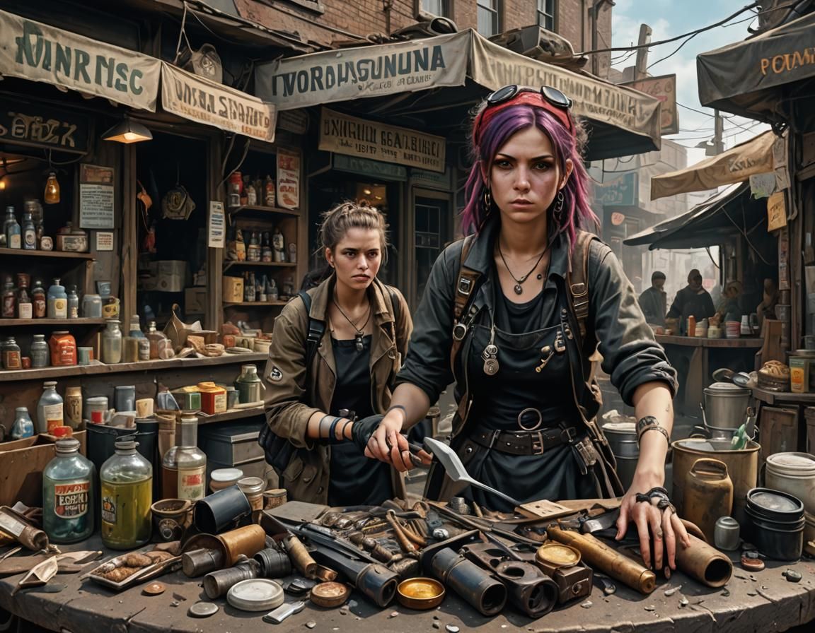 Post-Apocalyptic Punk Merchant in Oil Painting Style