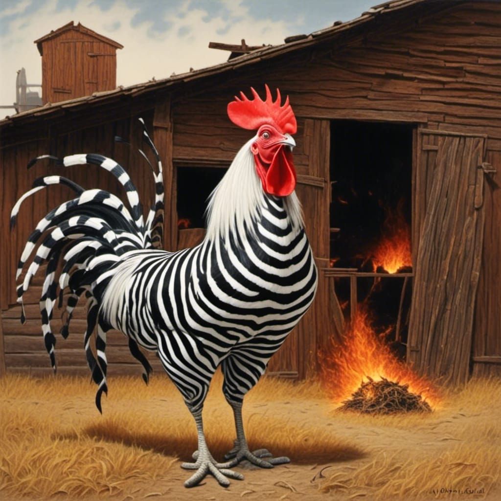 Rooster in Zebrapunk Style Stands Before Burning Barn