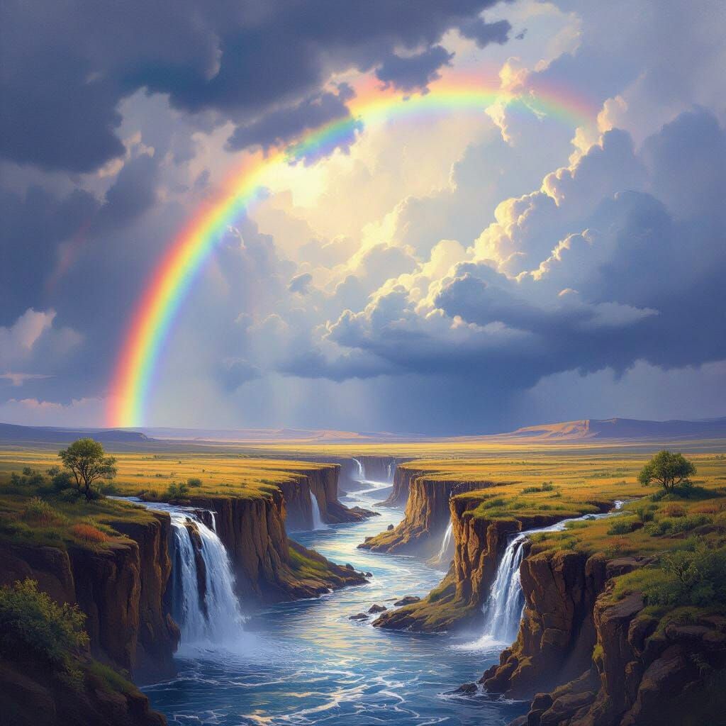 Great Rift Valley Water Flow Under Stormy Sky with Rainbow