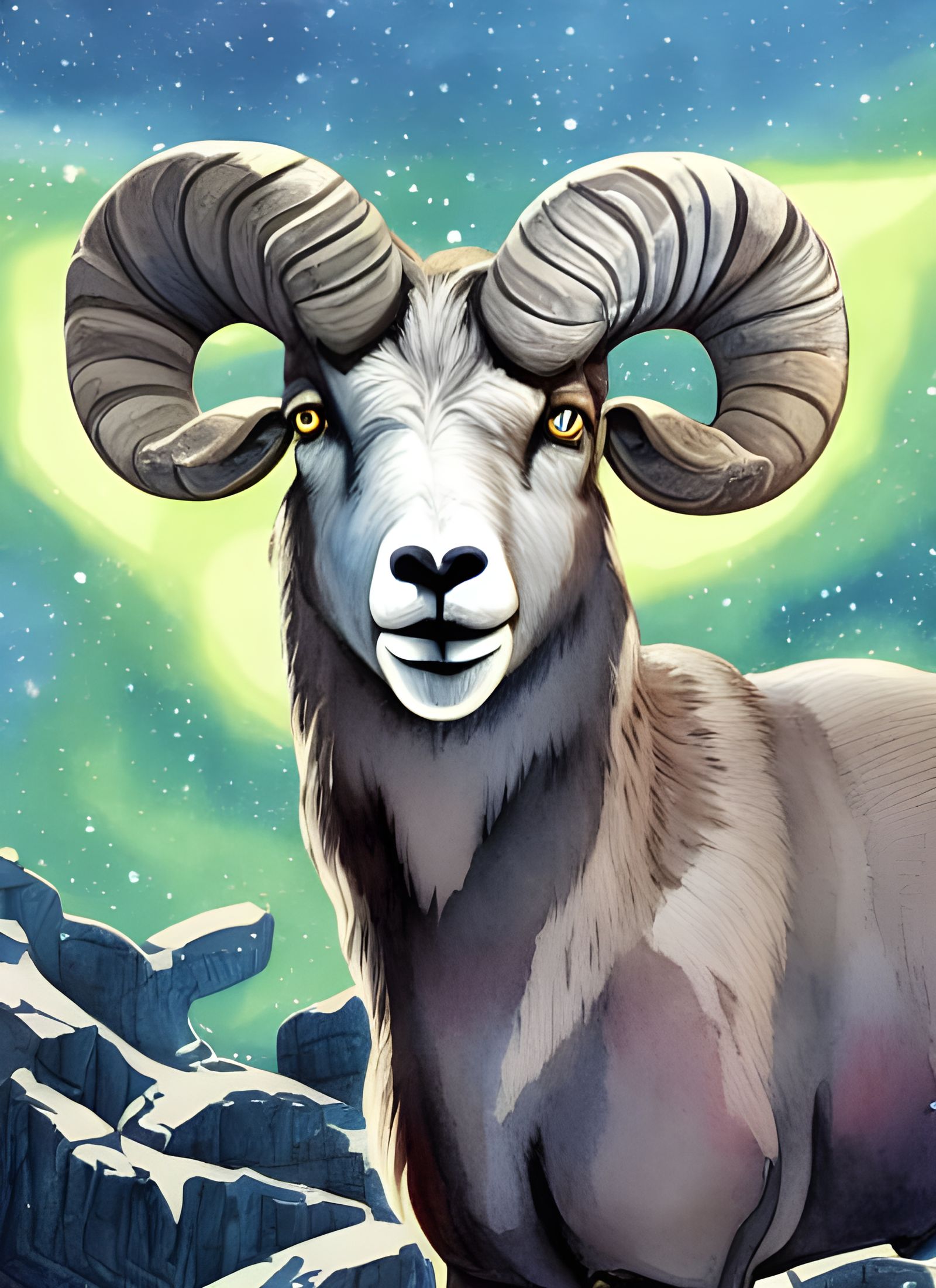 Bighorn Sheep Portrait with Northern Lights