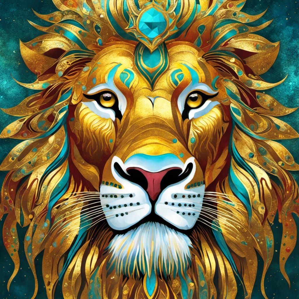 Gilded Lion King in Klimt-Inspired Ink Drawing