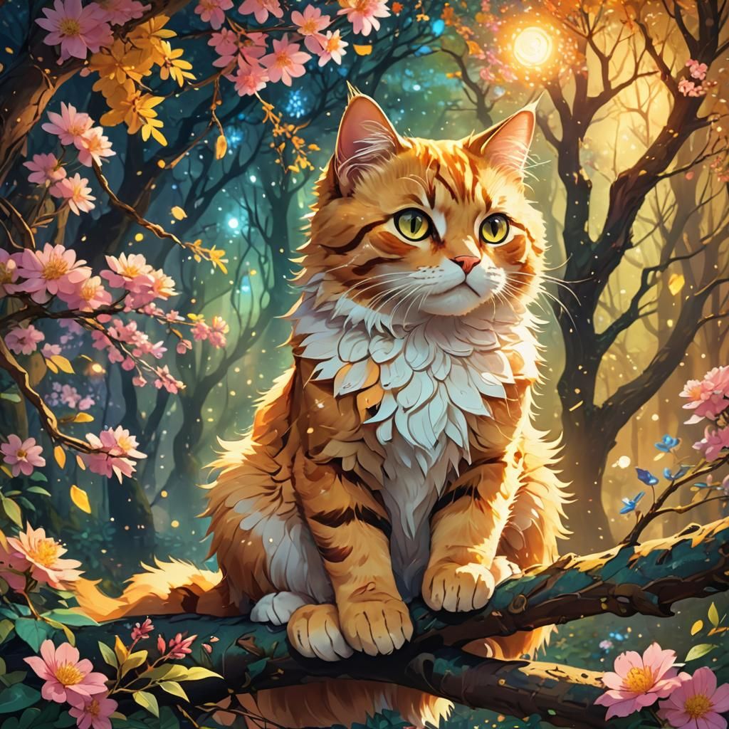 Anime Cat in Mystical Forest, Digital Painting