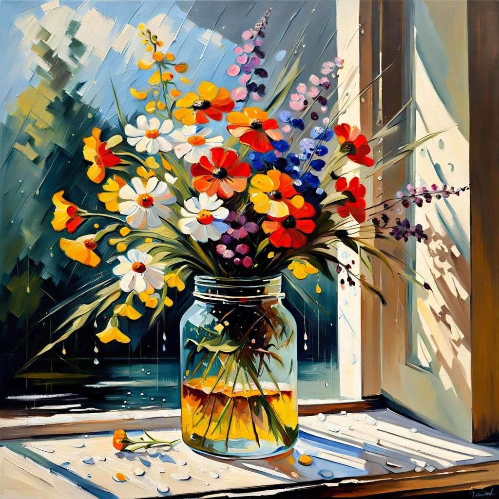 Wildflower Bouquet in Rainy Summer, Oil Painting Style