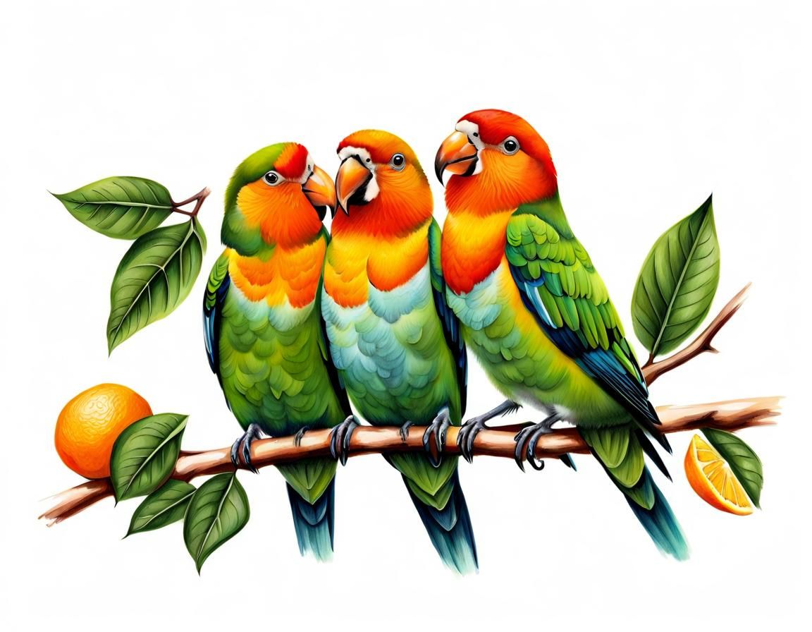 Charming Lovebirds Drawing Eating Oranges
