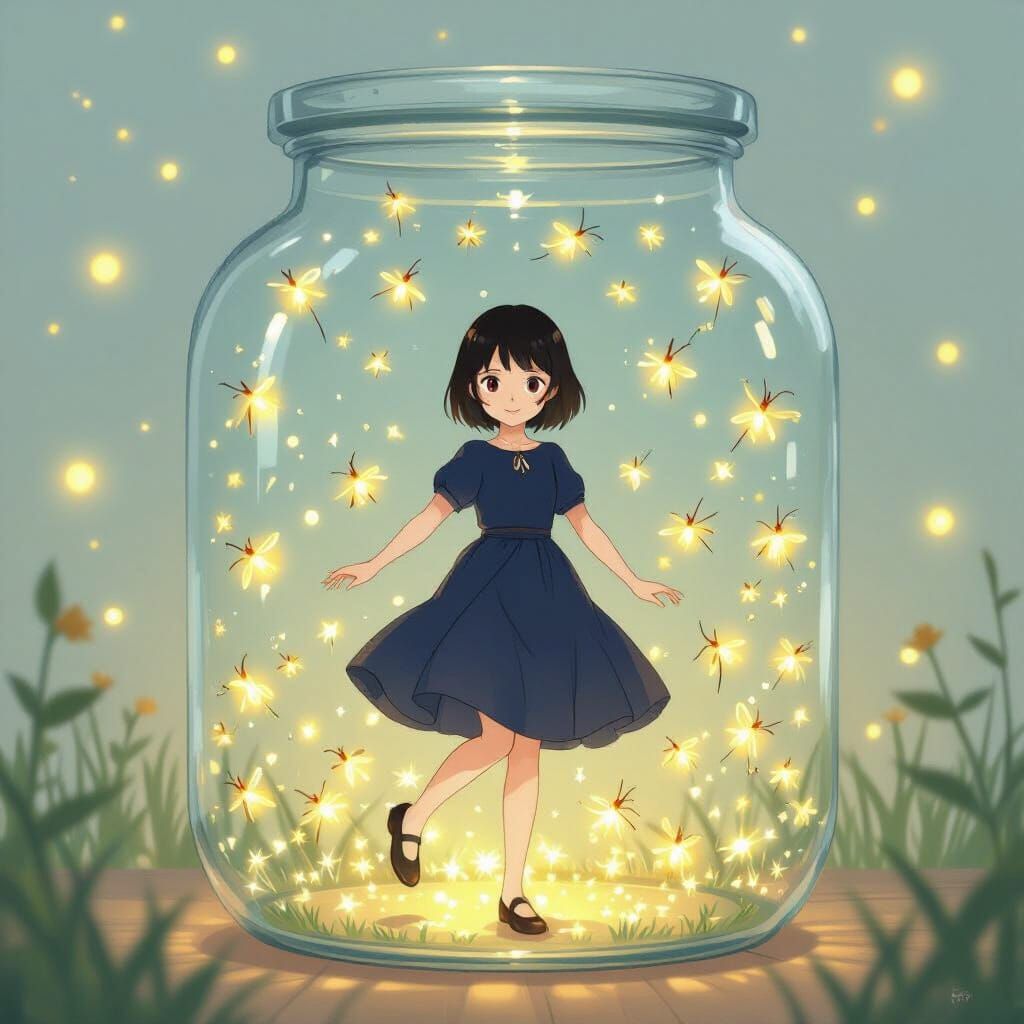 Tiny Girl Dancing with Fireflies in a Jar