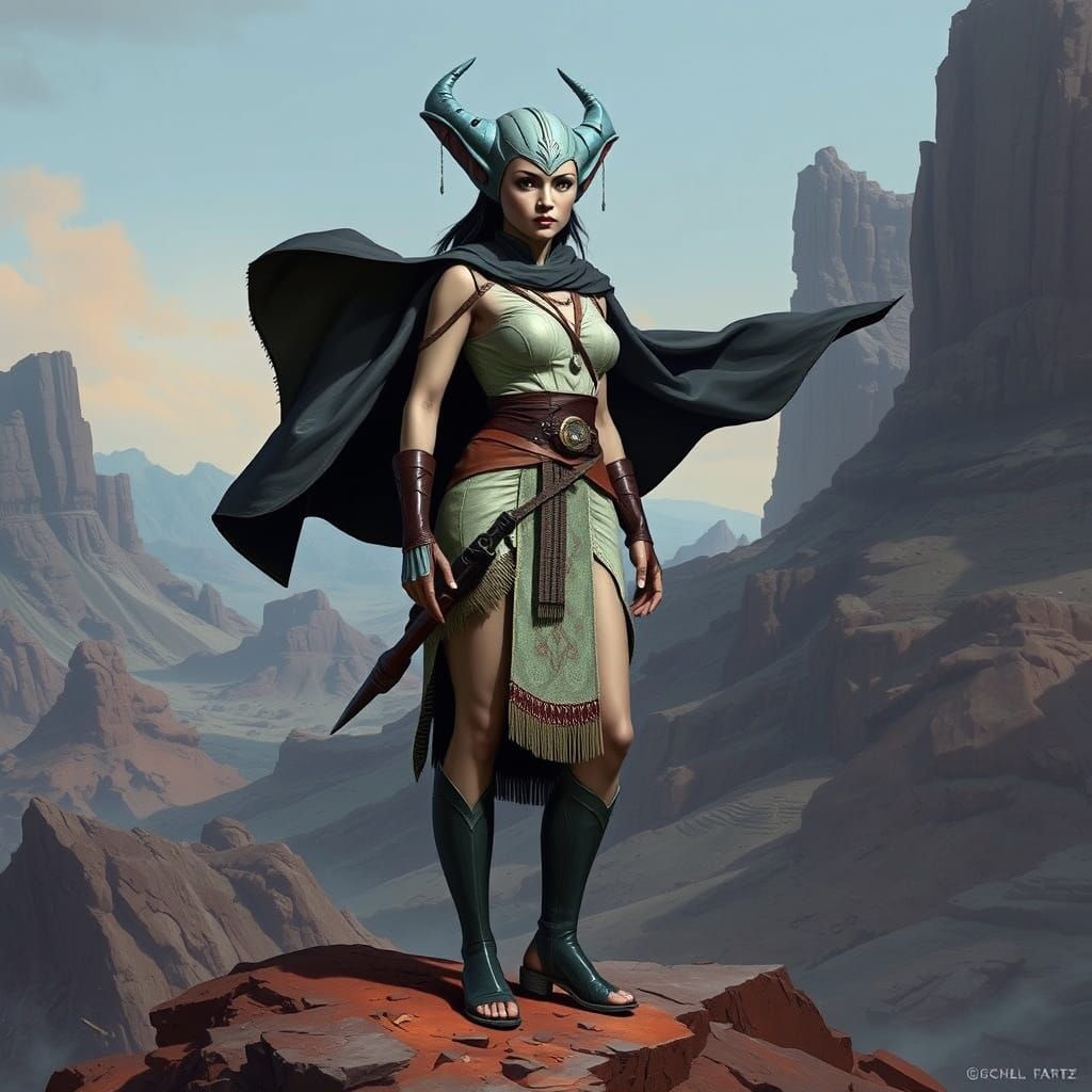 Vulcan Woman on Rugged Landscape in Sci-Fi Style