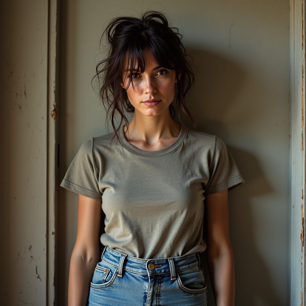 Realistic Portrait of Woman in Jeans, Charcoal Sketch