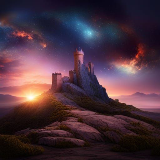 Castle Under Nebula Sky: Epic Digital Painting