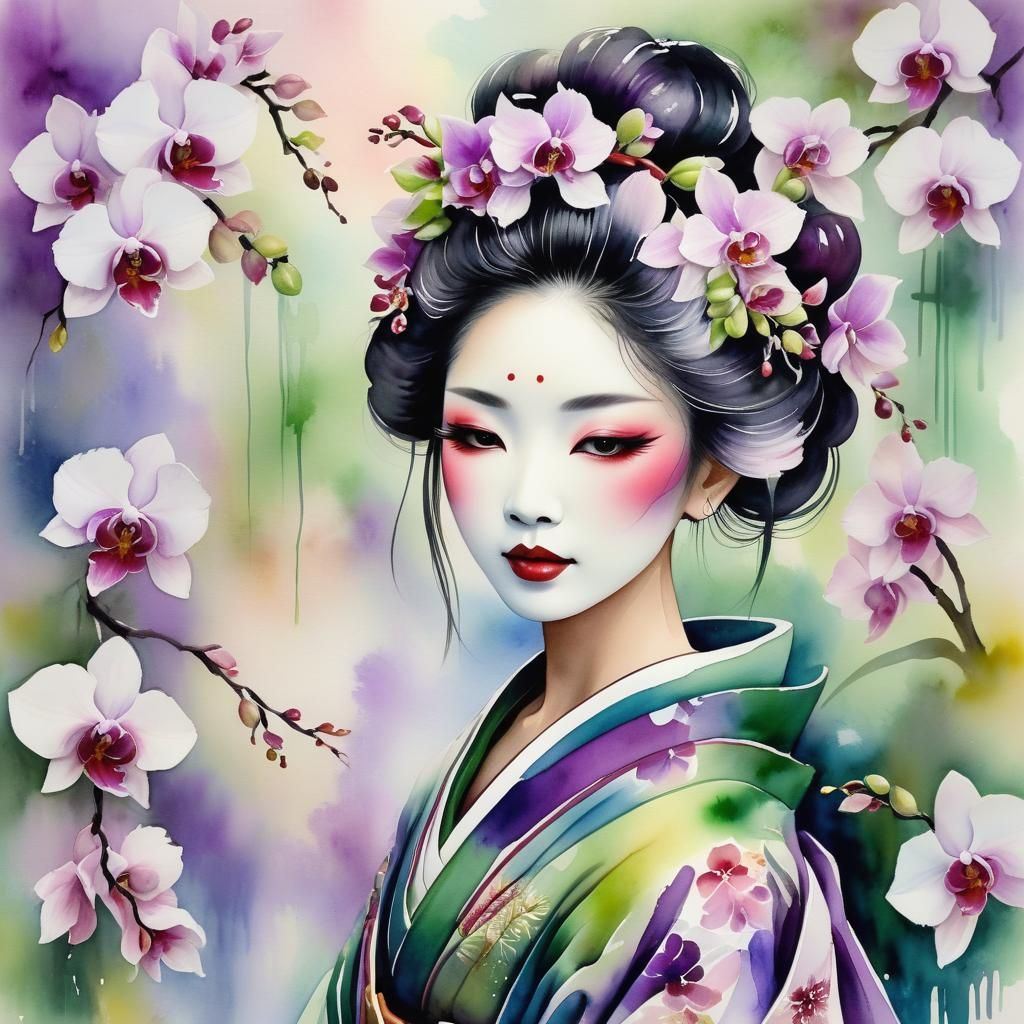 Orchid Geisha in Watercolor Art Nouveau Style