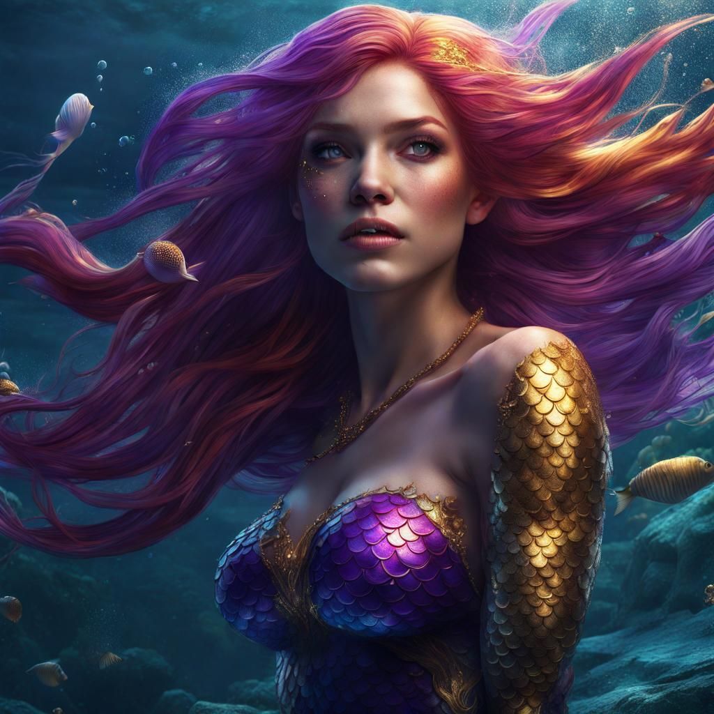 Mermaid with Purple and Gold Hair, Fantasy Art