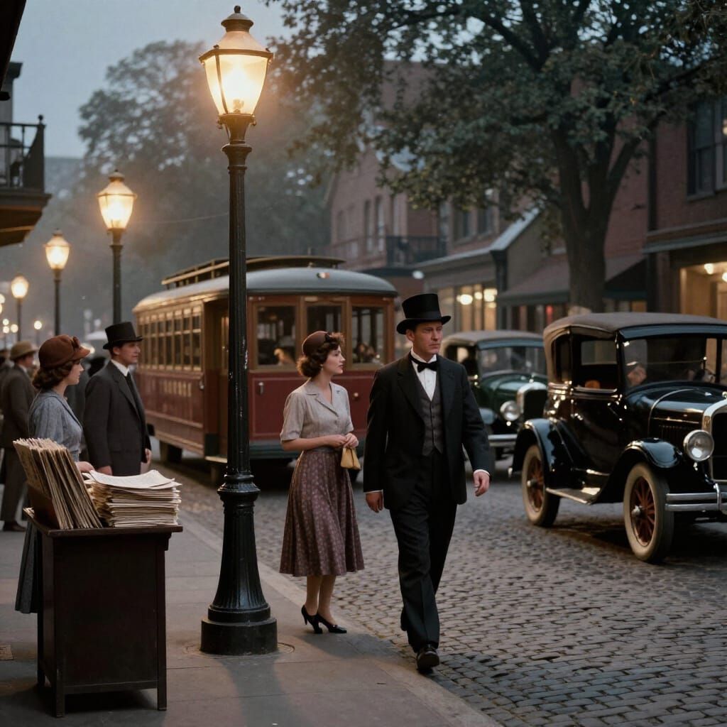 1920s Cinematic Street Scene with Vintage Cars and Lamps