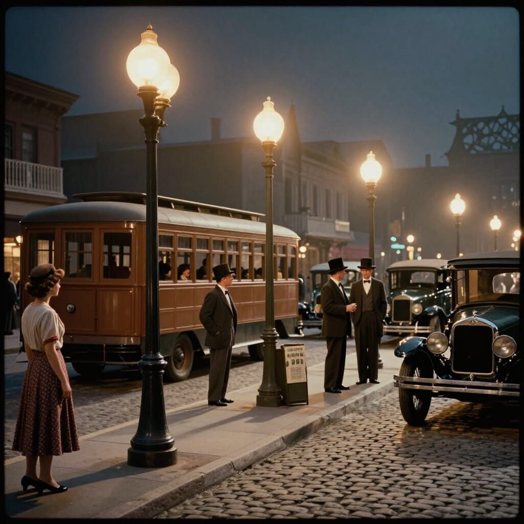 1920s Street Scene with Vintage Cars and Trolley
