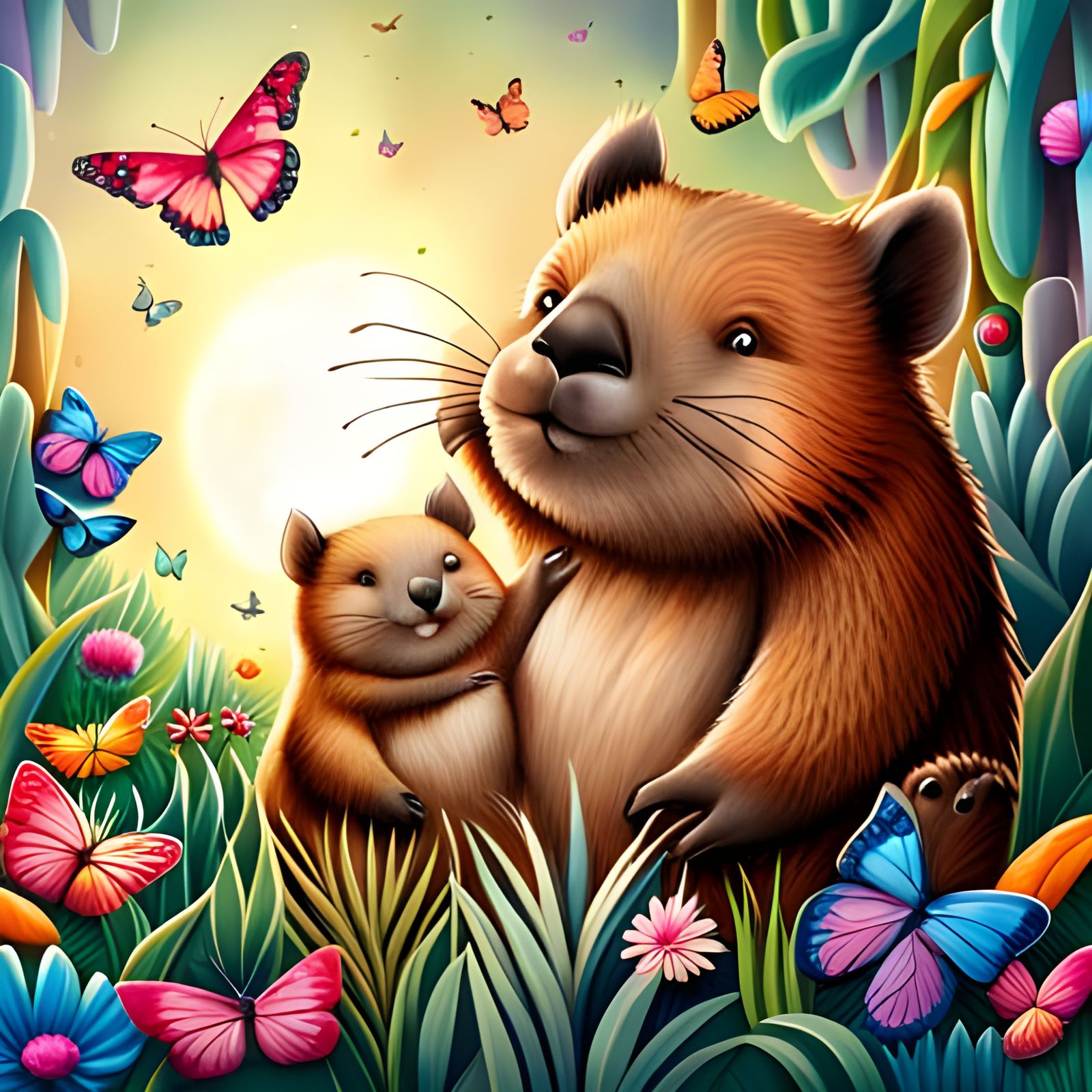 Hippie Wombat Mother and Baby with Smile Sign