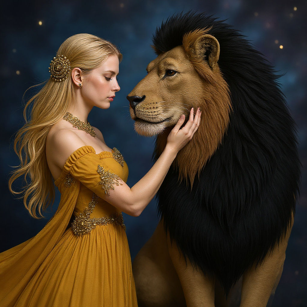 Woman and Lion King in Art Nouveau Style