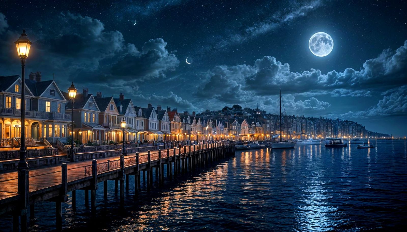 Fantastic Curved Pier with Victorian Houses and Starry Sky